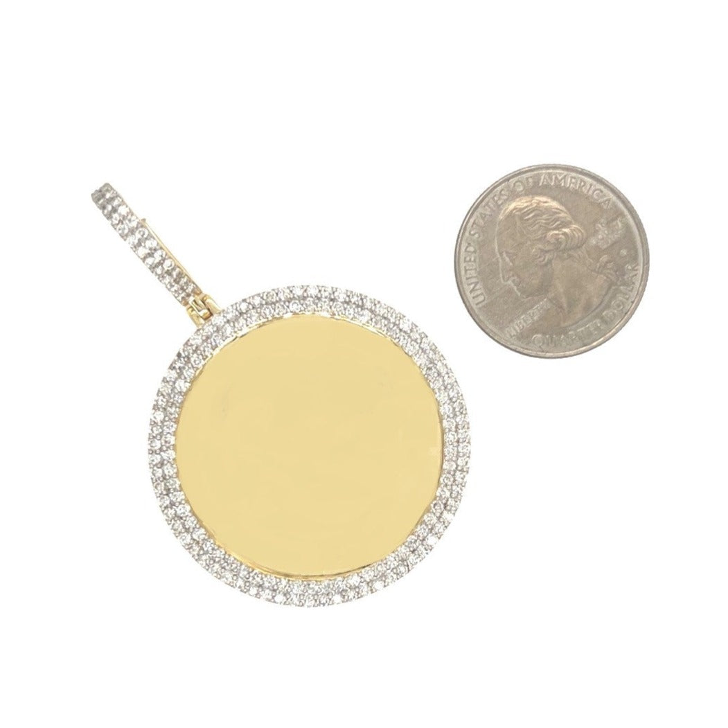 10K Yellow Gold Round Memory Frame 2 Row VS Diamond Pendant 2.68 CT 2.3"