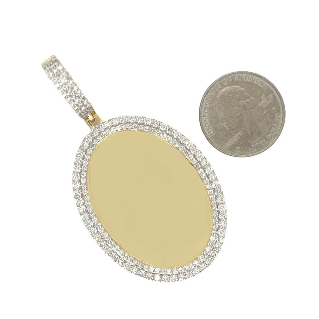 10K Yellow Gold Oval Memory Frame 2 Row VS Diamond Pendant 4.19 CT 2.8"