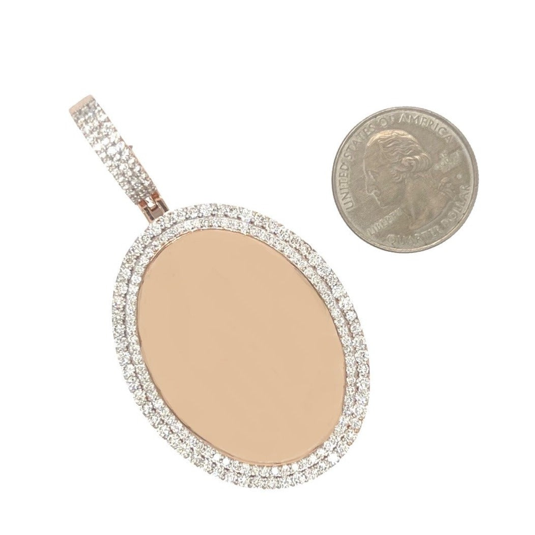 10K Rose Gold Oval Memory Frame 2 Row VS Diamond Pendant 4.21 CT 2.8"
