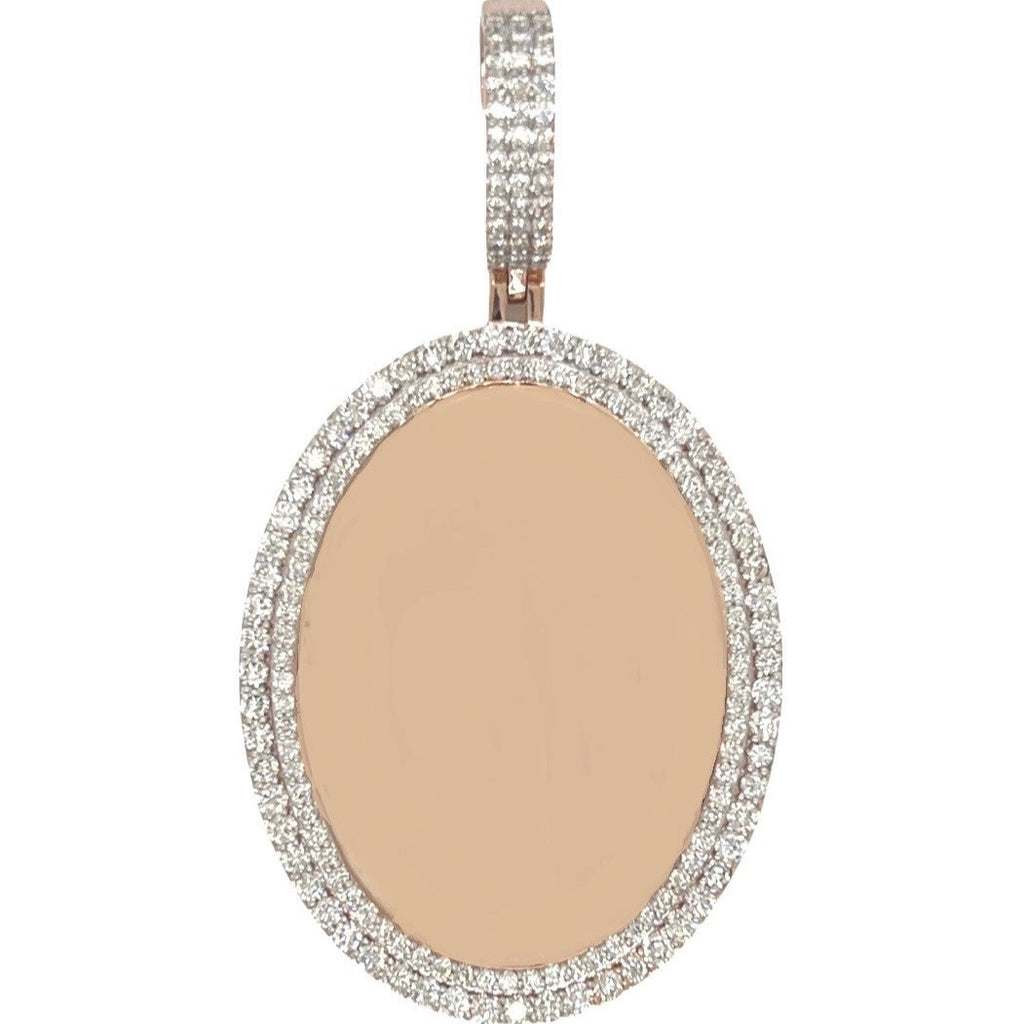 10K Rose Gold Oval Memory Frame 2 Row VS Diamond Pendant 4.21 CT 2.8"