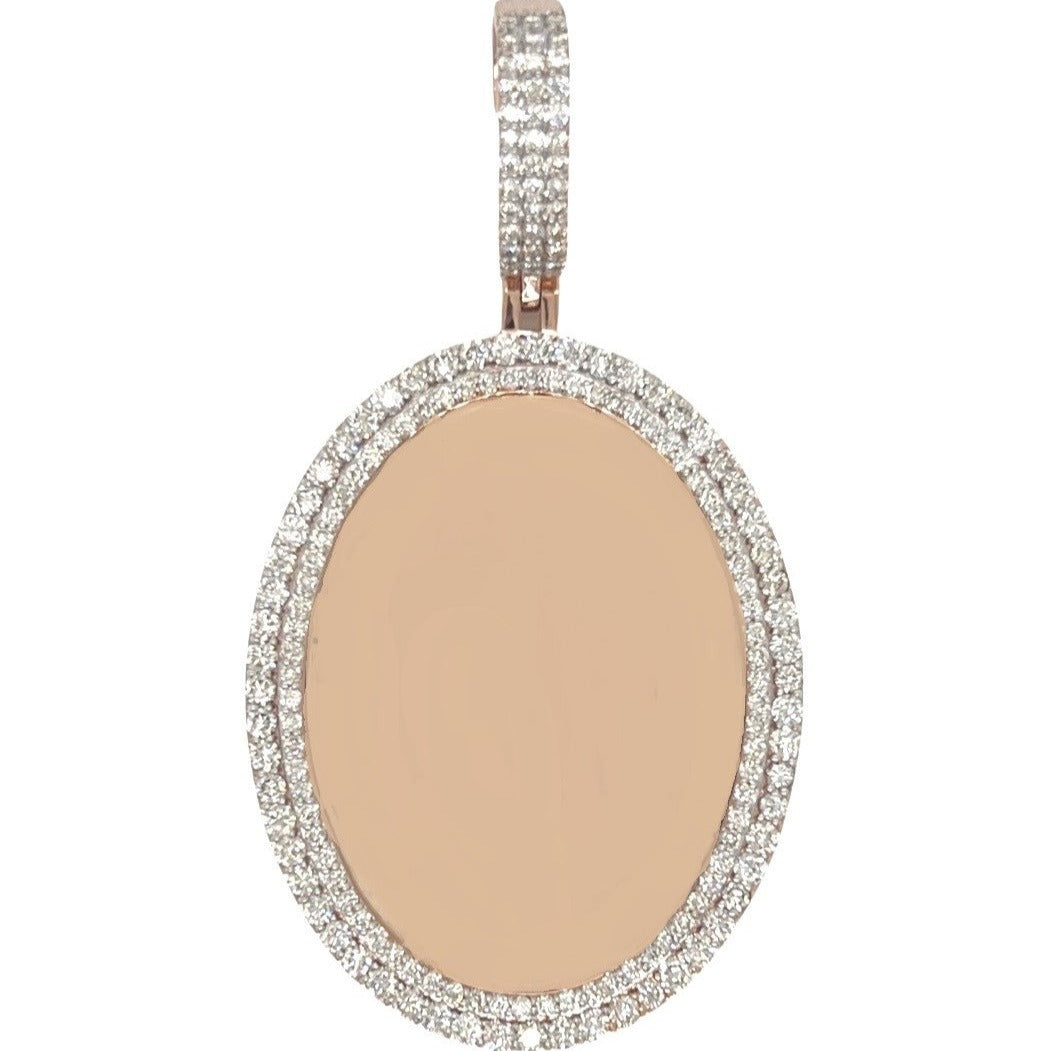 10K Rose Gold Oval Memory Frame 2 Row VS Diamond Pendant 4.21 CT 2.8"