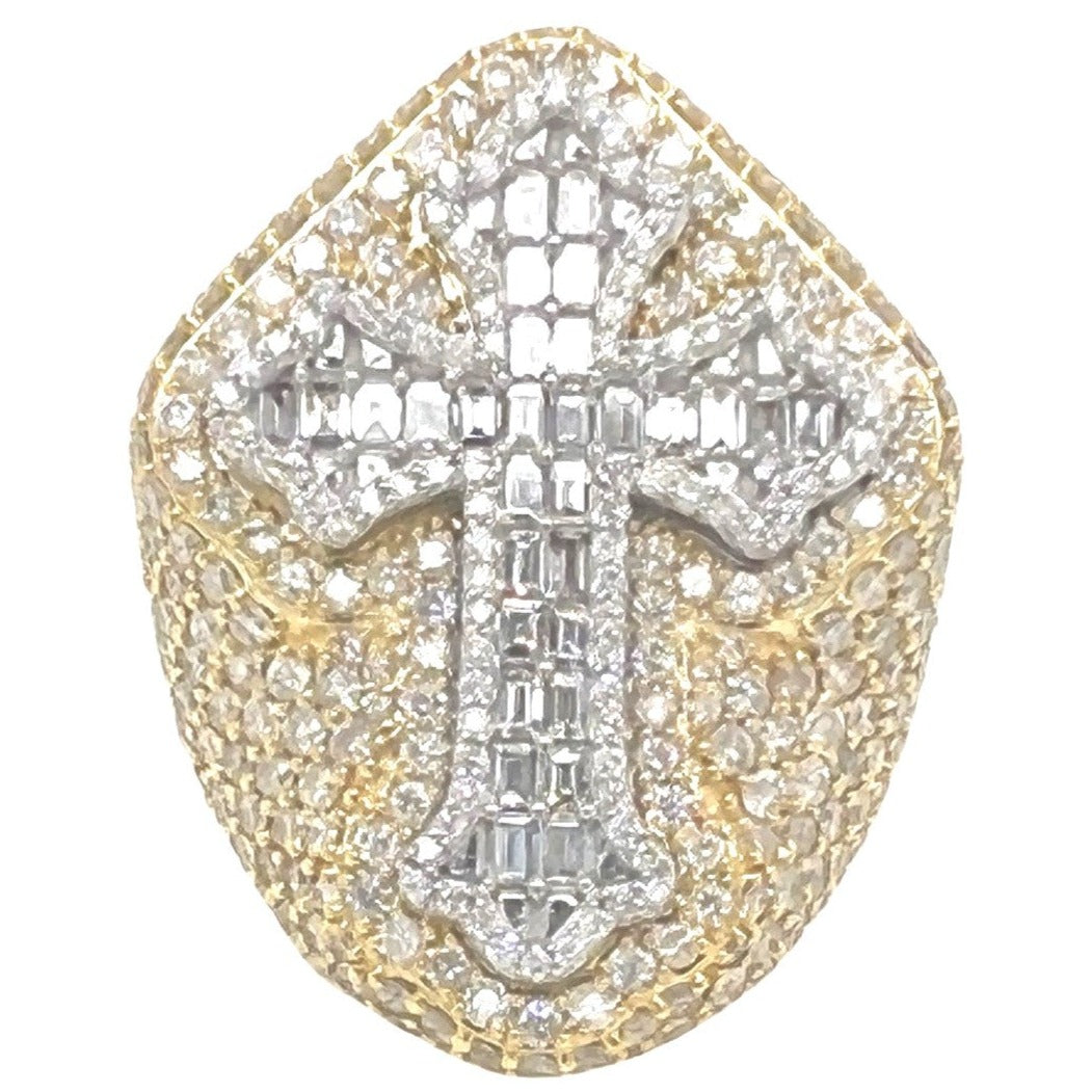 10K Yellow White Gold 33MM 3D Gothic Cross VS Emerald Diamond Ring 6.66 CT