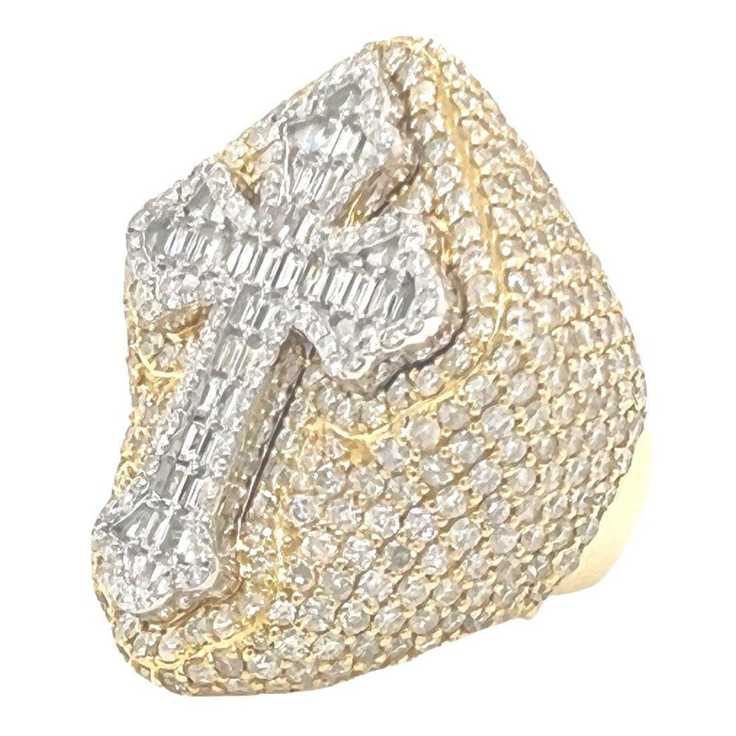 10K Yellow White Gold 33MM 3D Gothic Cross VS Emerald Diamond Ring 6.66 CT