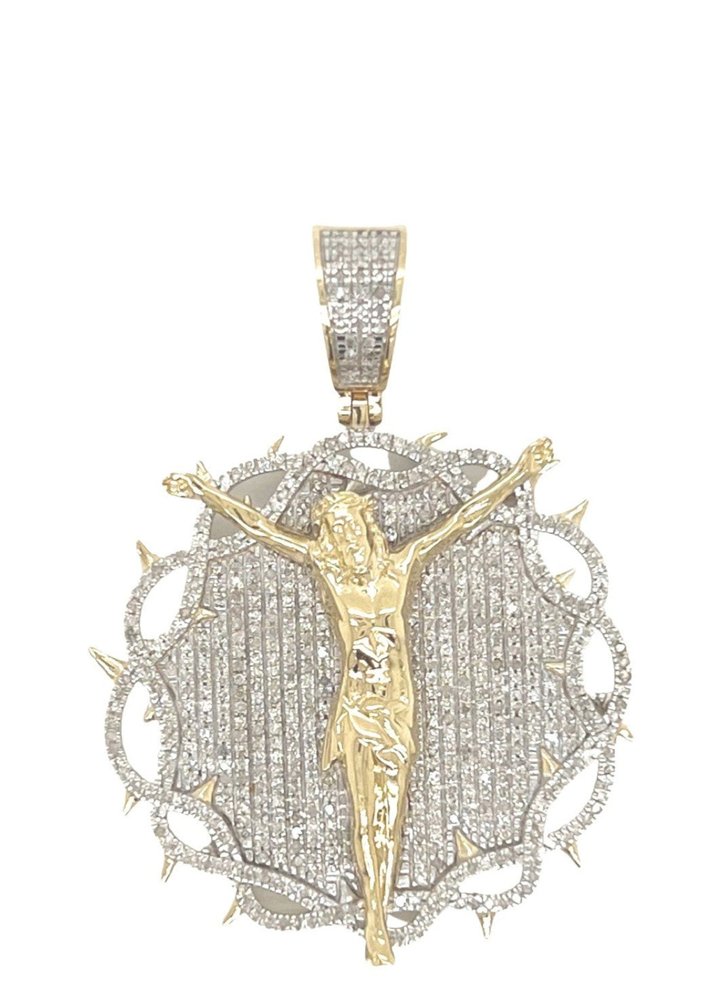 10K Yellow Gold Crucifix Jesus Thorn Medallion Iced Diamond Pendant 0.91 CT 1.75"