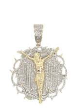 Load image into Gallery viewer, 10K Yellow Gold Crucifix Jesus Thorn Medallion Iced Diamond Pendant 0.91 CT 1.75&quot;
