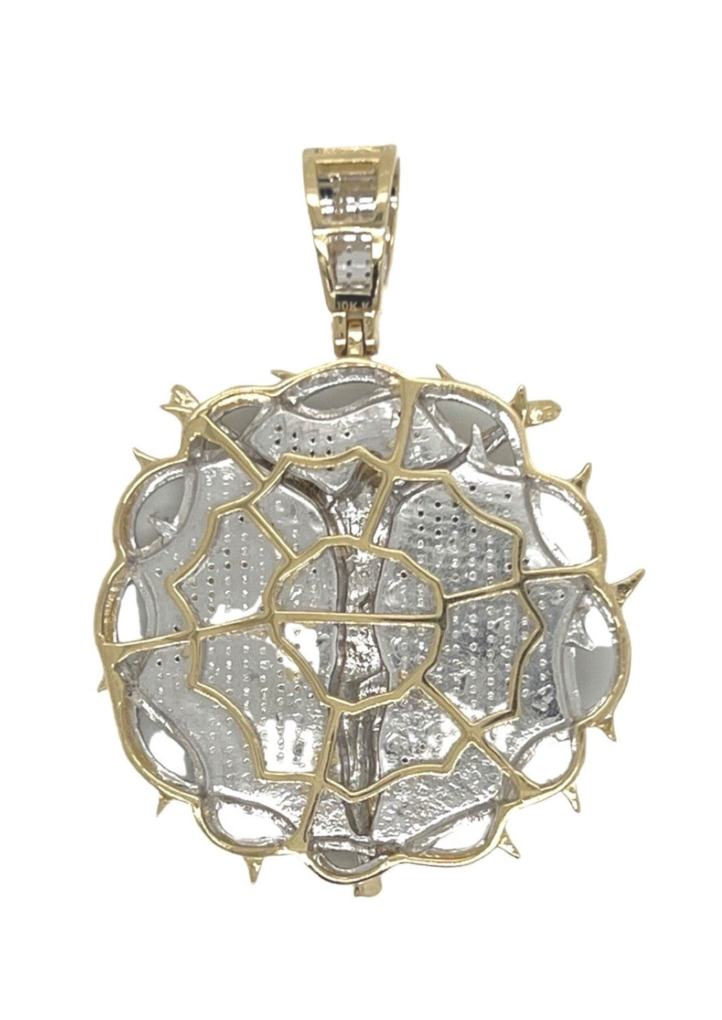 10K Yellow Gold Crucifix Jesus Thorn Medallion Iced Diamond Pendant 0.91 CT 1.75"
