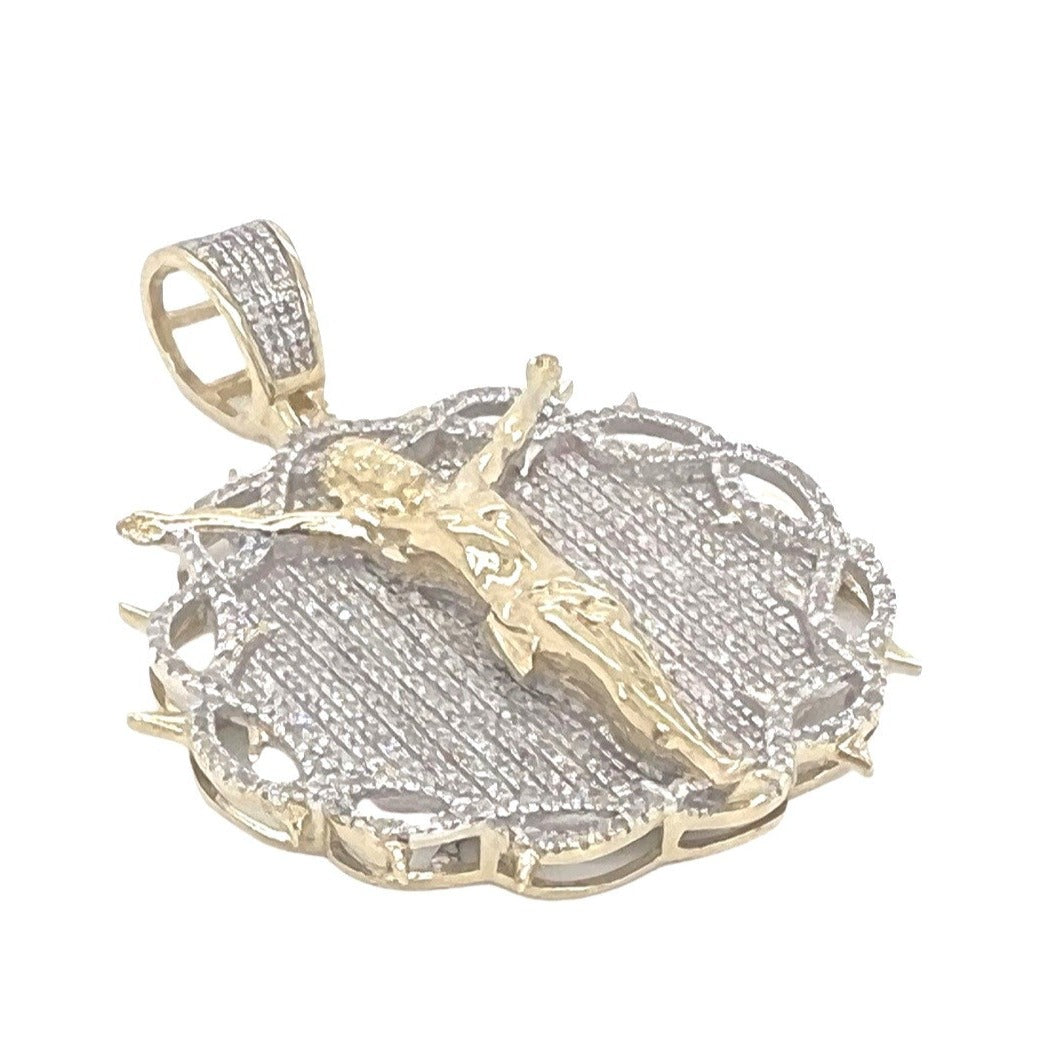 10K Yellow Gold Crucifix Jesus Thorn Medallion Iced Diamond Pendant 0.91 CT 1.75"