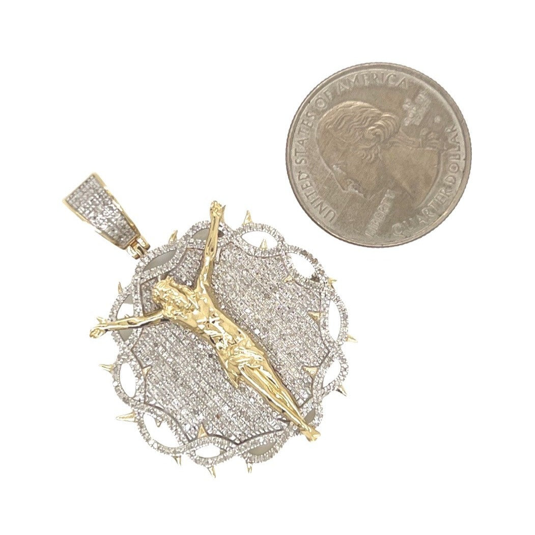 10K Yellow Gold Crucifix Jesus Thorn Medallion Iced Diamond Pendant 0.91 CT 1.75"