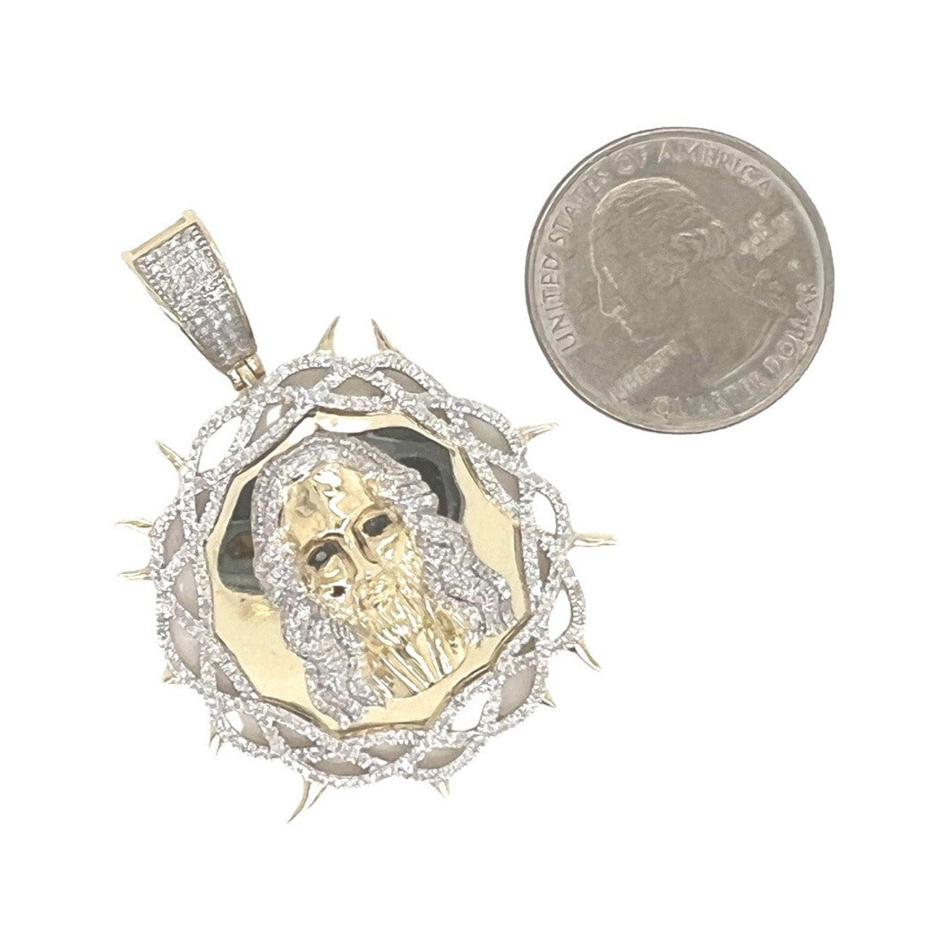 10K Yellow Gold Jesus Head Thorn Medallion Diamond Pendant 0.89 CT 1.85"