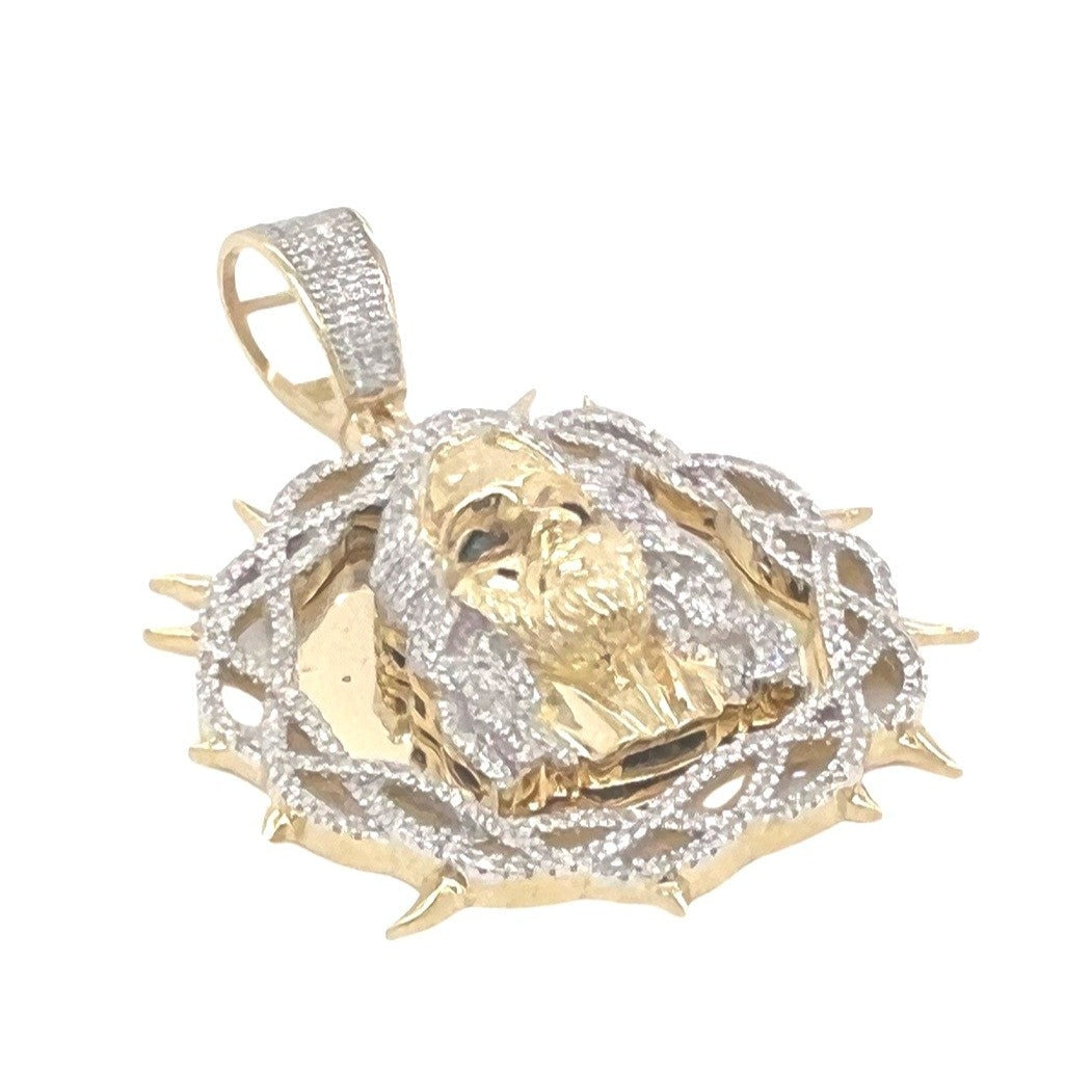 10K Yellow Gold Jesus Head Thorn Medallion Diamond Pendant 0.89 CT 1.85"