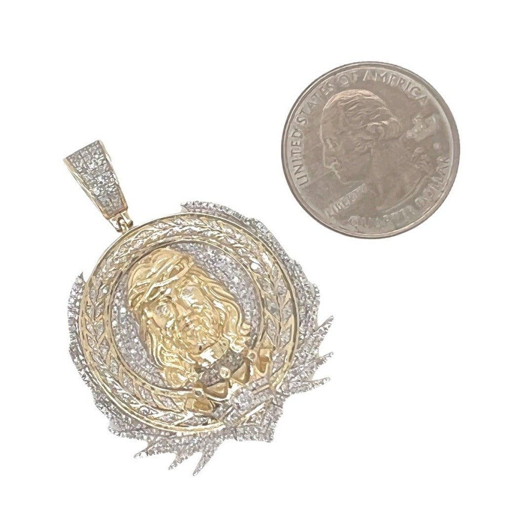 10K Yellow Gold Jesus Head Reef Medallion Iced Diamond Pendant 0.72 CT 1.8"