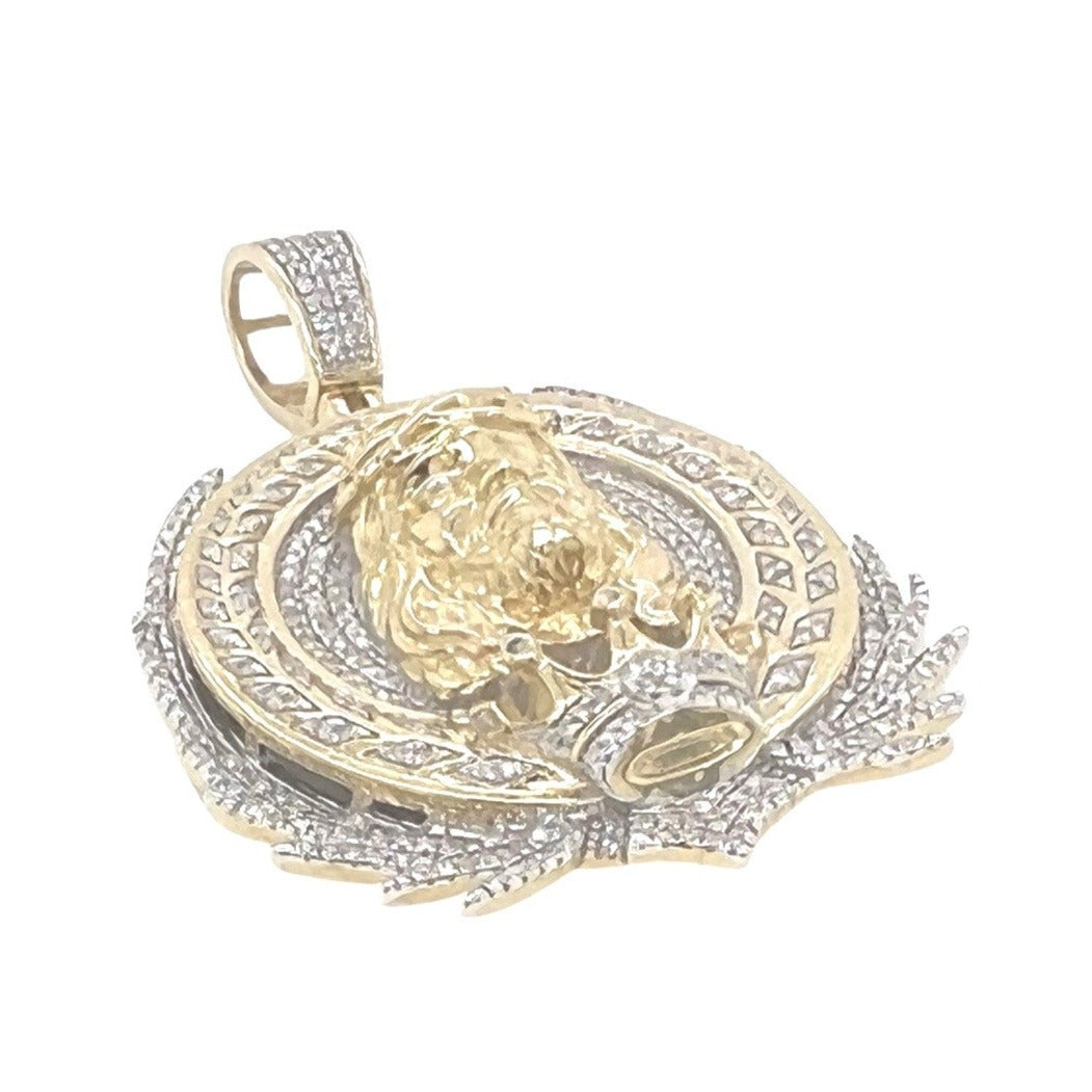 10K Yellow Gold Jesus Head Reef Medallion Iced Diamond Pendant 0.72 CT 1.8"