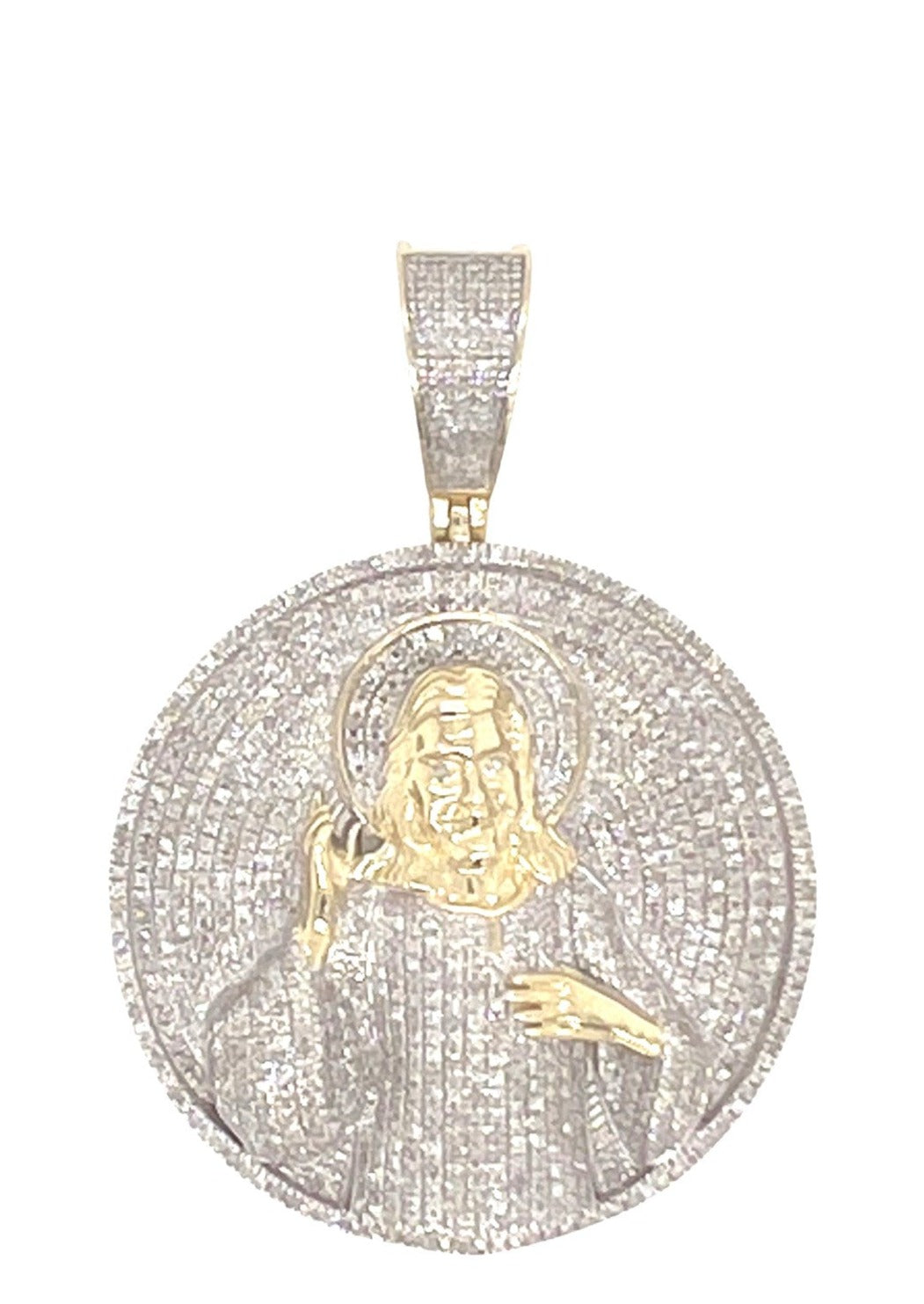 10K Yellow Gold Jesus Medallion Iced Diamond Pendant 1.46 CT 1.85"