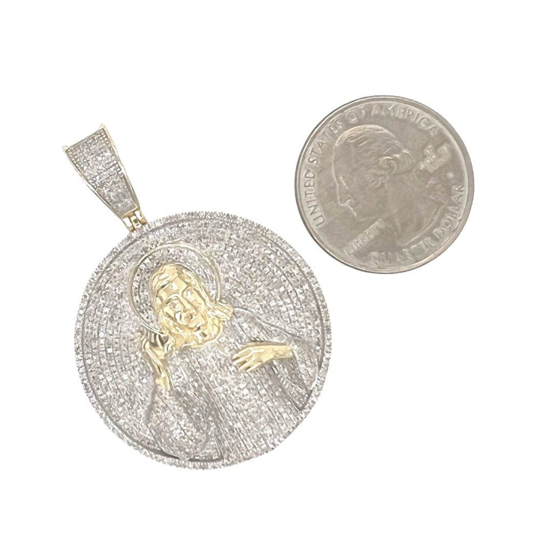 10K Yellow Gold Jesus Medallion Iced Diamond Pendant 1.46 CT 1.85"