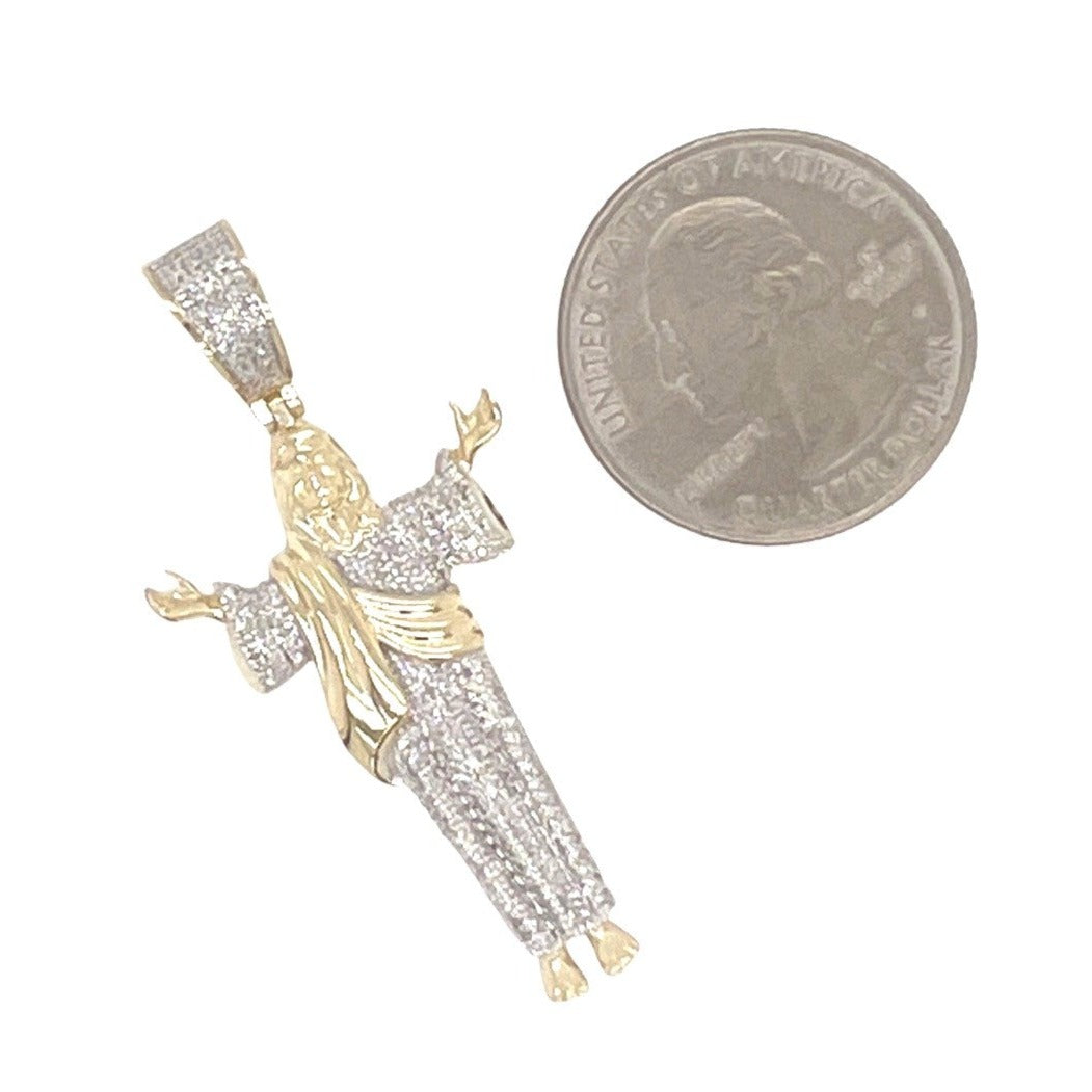 10K Yellow Gold Jesus with Open Arms Iced Diamond Pendant 0.31 CT 1.8"