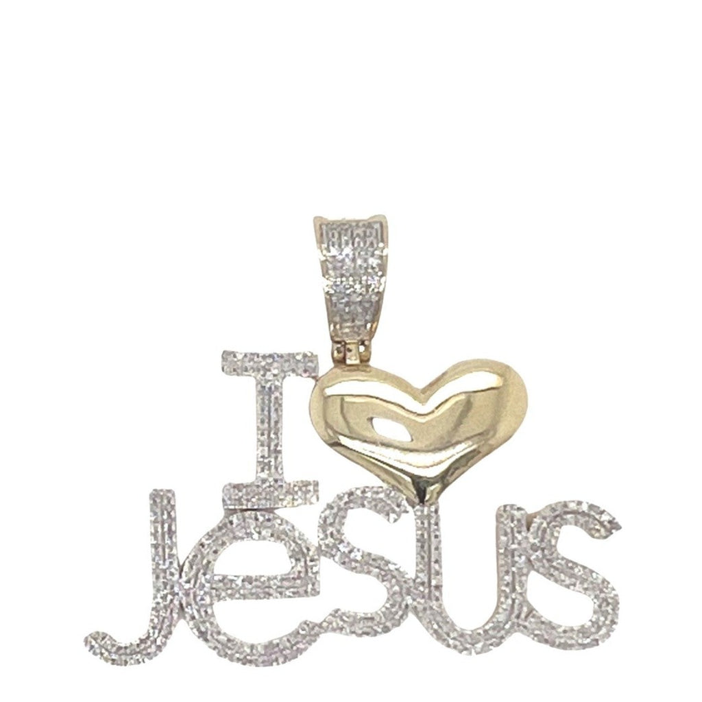 10K Yellow Gold I Love Jesus with Heart Diamond Pendant 0.73 CT 1.4"