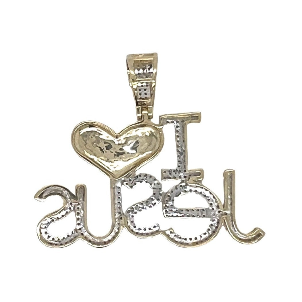 10K Yellow Gold I Love Jesus with Heart Diamond Pendant 0.73 CT 1.4"