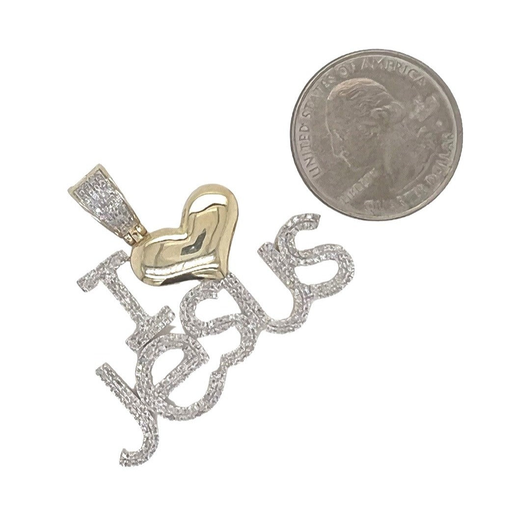 10K Yellow Gold I Love Jesus with Heart Diamond Pendant 0.73 CT 1.4"