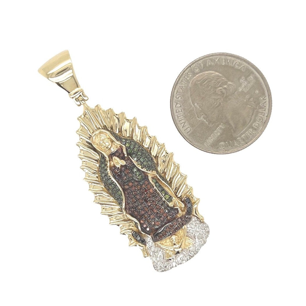 10K Yellow Gold Mother Mary Multi Color Diamond Pendant 0.90 CT 2.25"