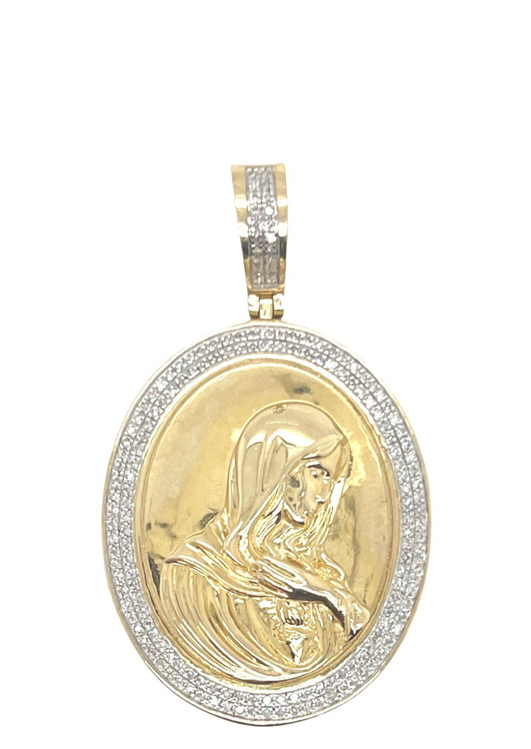 10K Yellow Gold Mother Mary Medallion Diamond Pendant 0.41 CT 1.8"
