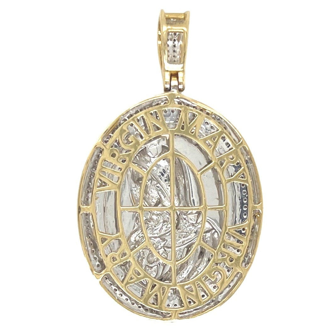 10K Yellow Gold Mother Mary Medallion Diamond Pendant 0.41 CT 1.8"