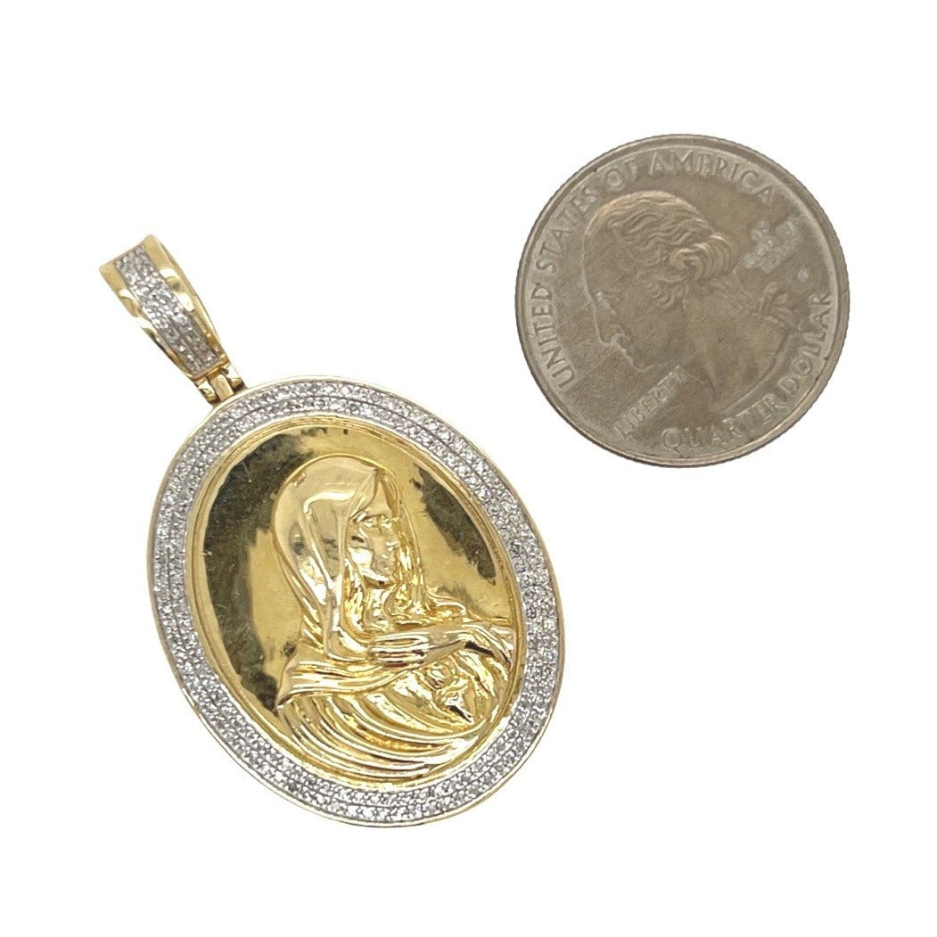 10K Yellow Gold Mother Mary Medallion Diamond Pendant 0.41 CT 1.8"