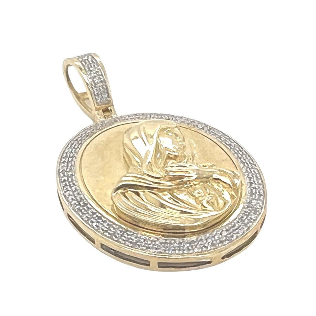 10K Yellow Gold Mother Mary Medallion Diamond Pendant 0.41 CT 1.8"