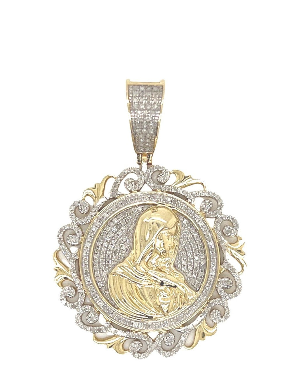 10K Yellow Gold Mother Mary Medallion Iced Diamond Pendant 0.76 CT 1.8"