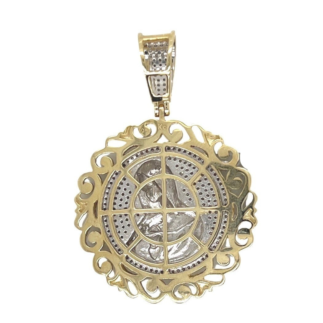10K Yellow Gold Mother Mary Medallion Iced Diamond Pendant 0.76 CT 1.8"