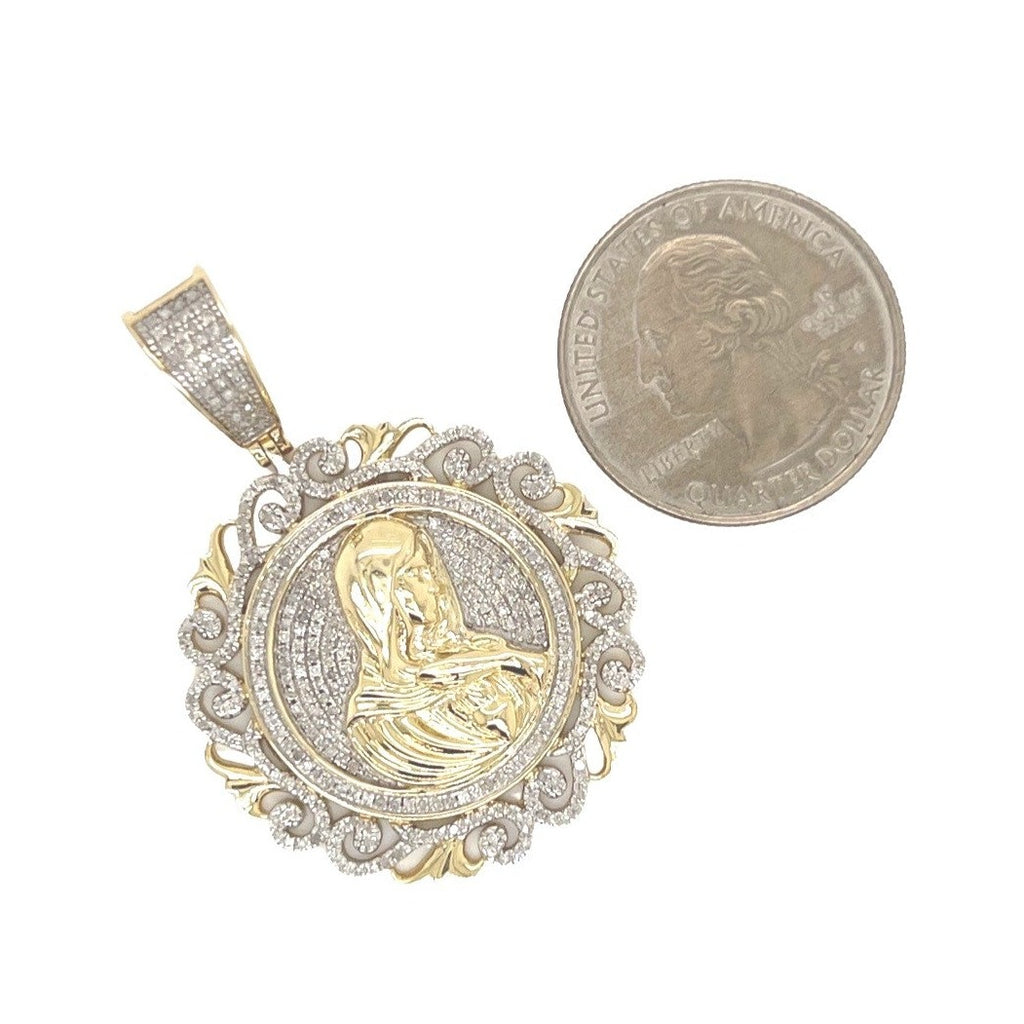 10K Yellow Gold Mother Mary Medallion Iced Diamond Pendant 0.76 CT 1.8"