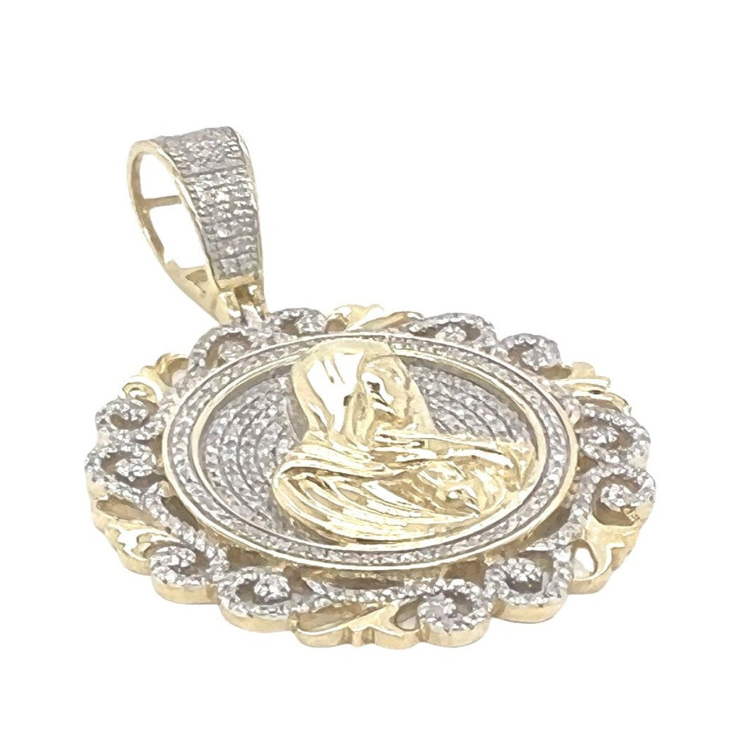 10K Yellow Gold Mother Mary Medallion Iced Diamond Pendant 0.76 CT 1.8"