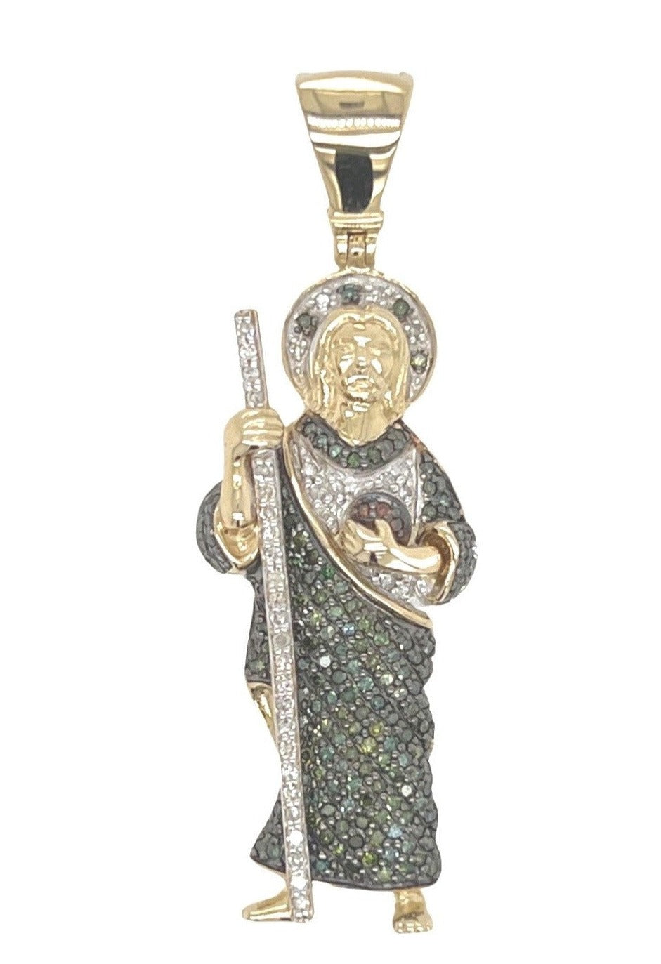 10K Yellow Gold St. Jude Iced Green White Diamond Pendant 0.85 CT 1.8"