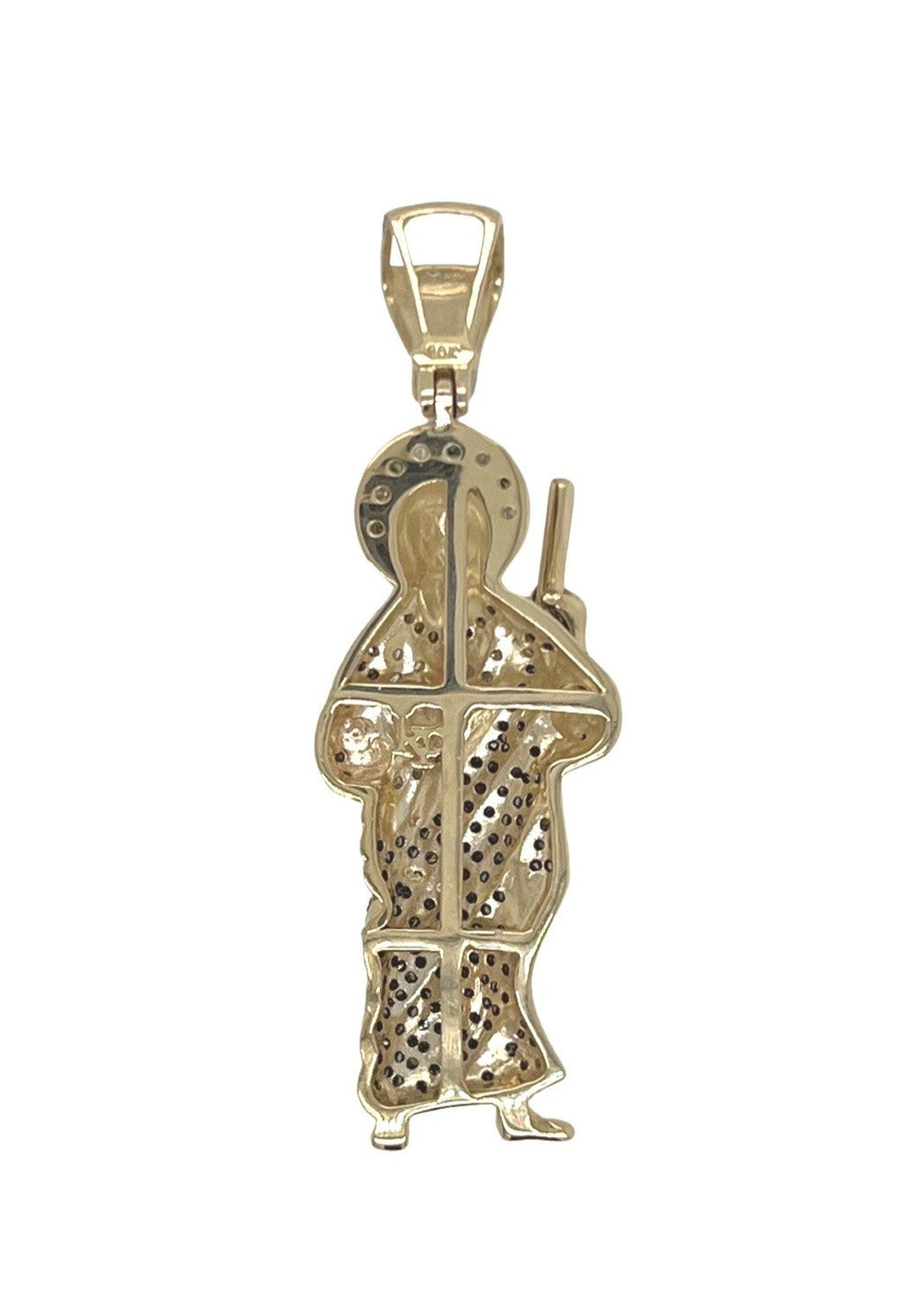 10K Yellow Gold St. Jude Iced Green White Diamond Pendant 0.85 CT 1.8"