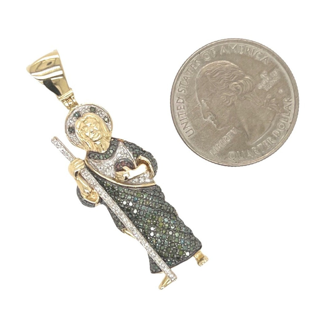 10K Yellow Gold St. Jude Iced Green White Diamond Pendant 0.85 CT 1.8"