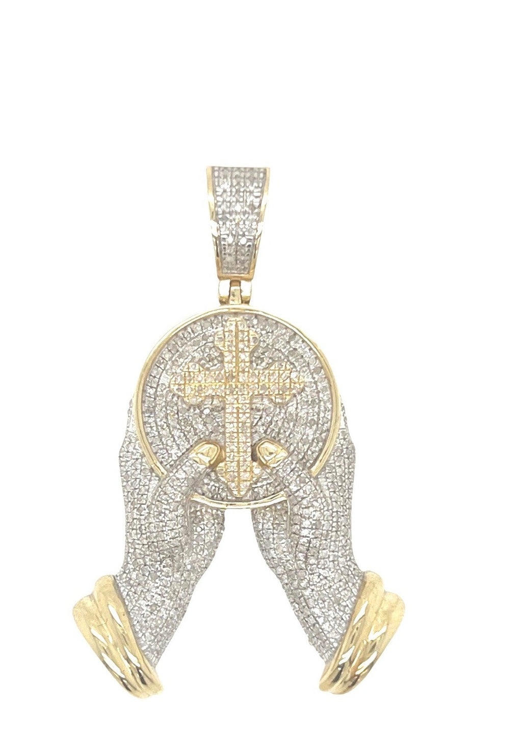 10K Yellow Gold Hands Holding Cross Diamond Pendant 0.94 CT 1.85"