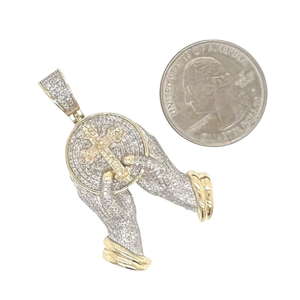 10K Yellow Gold Hands Holding Cross Diamond Pendant 0.94 CT 1.85"