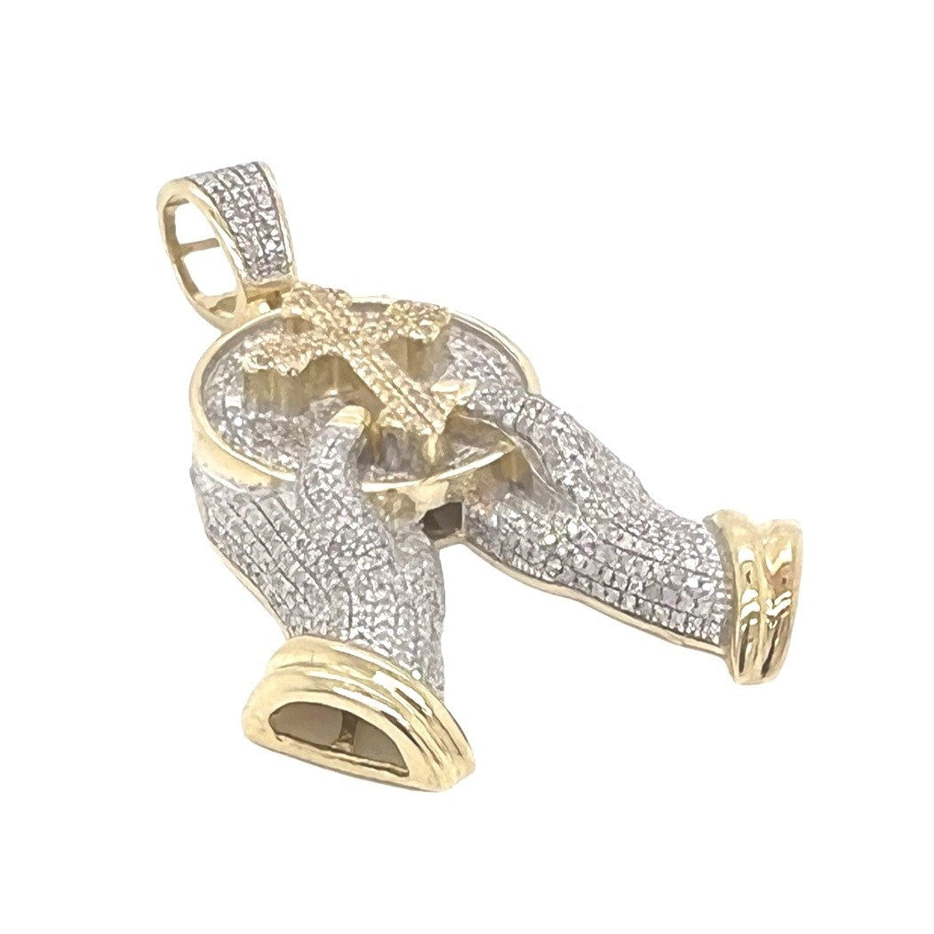 10K Yellow Gold Hands Holding Cross Diamond Pendant 0.94 CT 1.85"