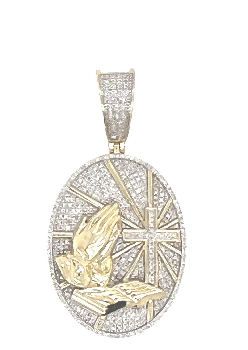 10K Yellow Gold Praying Hands Cross Medallion Diamond Pendant 0.55 CT 1.75"