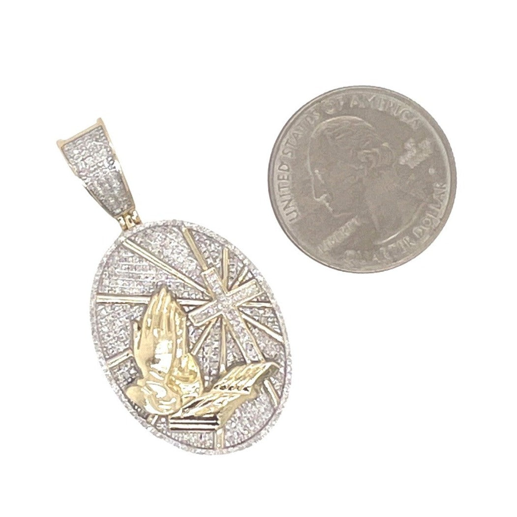 10K Yellow Gold Praying Hands Cross Medallion Diamond Pendant 0.55 CT 1.75"
