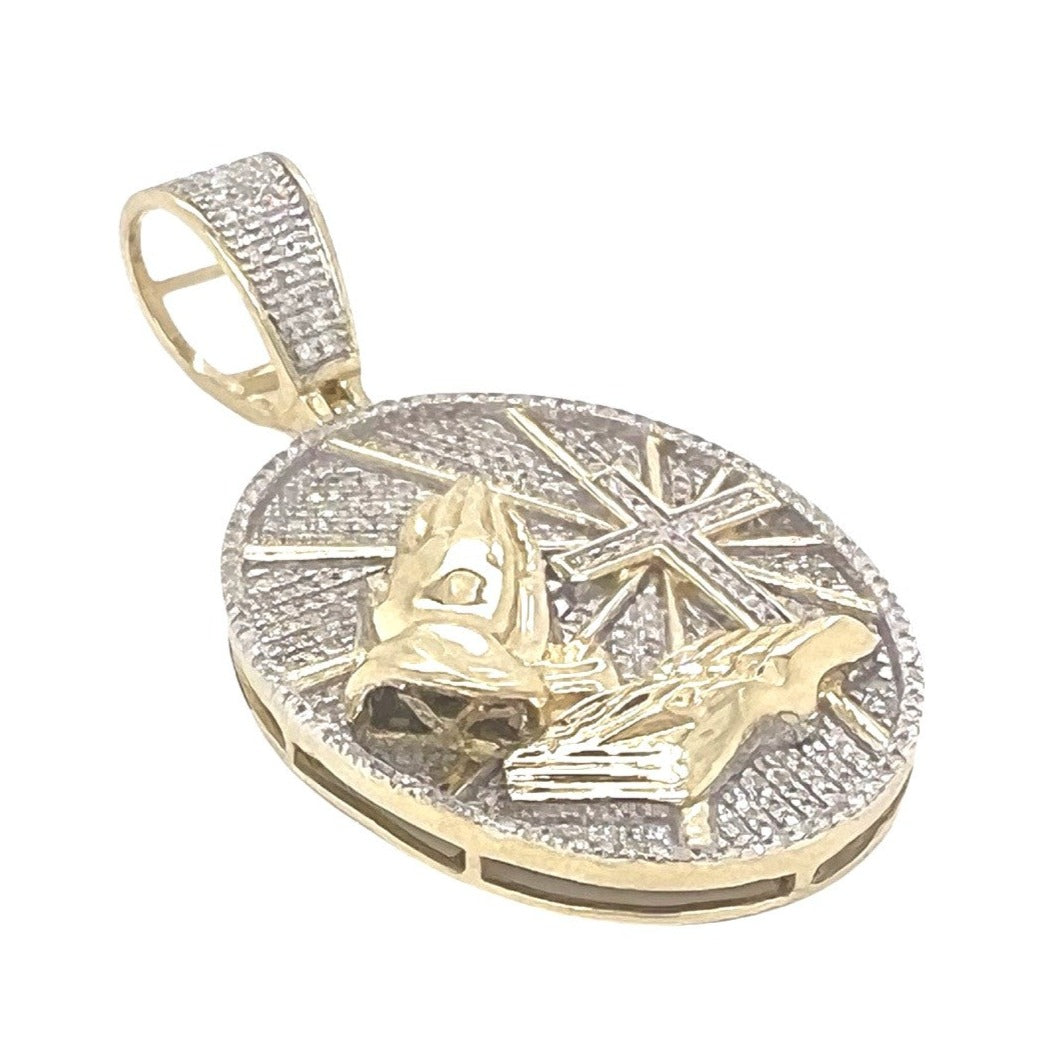 10K Yellow Gold Praying Hands Cross Medallion Diamond Pendant 0.55 CT 1.75"