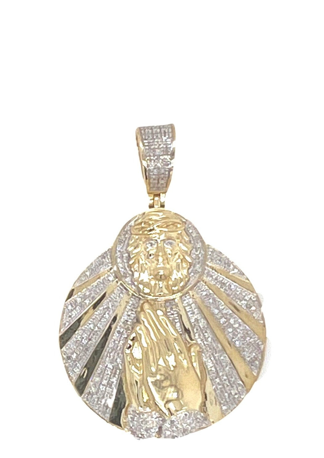 10K Yellow Gold Jesus Head with Praying Hands Medallion Diamond Pendant 0.48 CT 1.8"