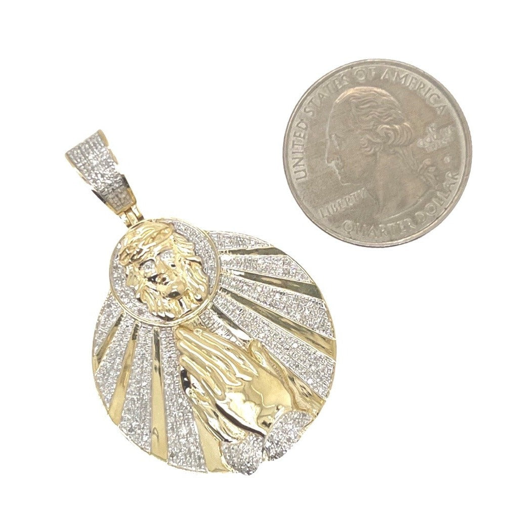 10K Yellow Gold Jesus Head with Praying Hands Medallion Diamond Pendant 0.48 CT 1.8"