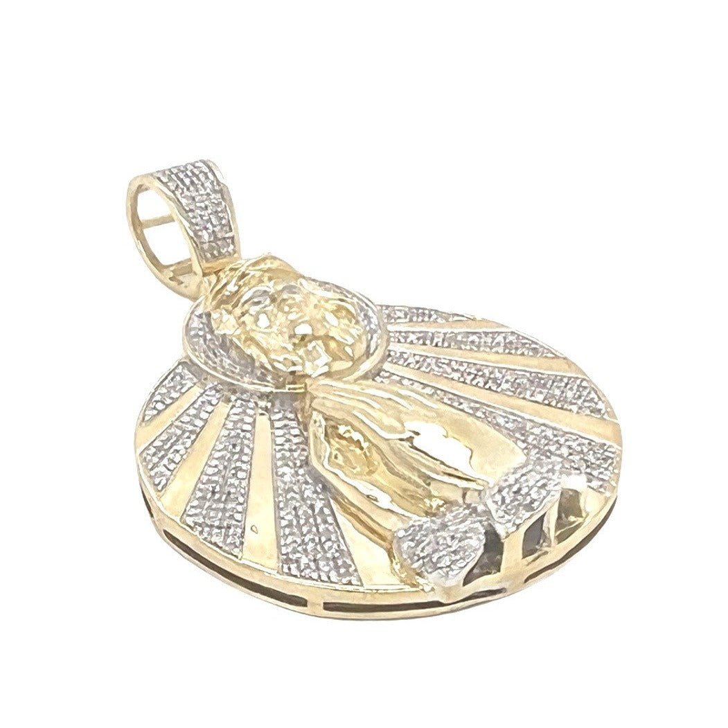 10K Yellow Gold Jesus Head with Praying Hands Medallion Diamond Pendant 0.48 CT 1.8"