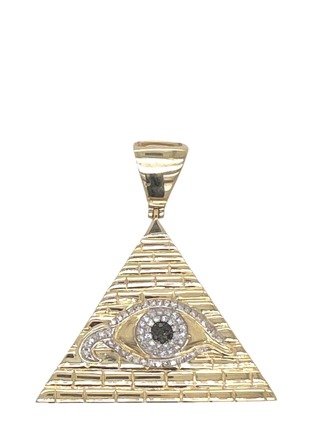 10K Yellow Gold Egyptian Pyramid with Evil Eye Diamond Pendant 0.35 CT 1.75"