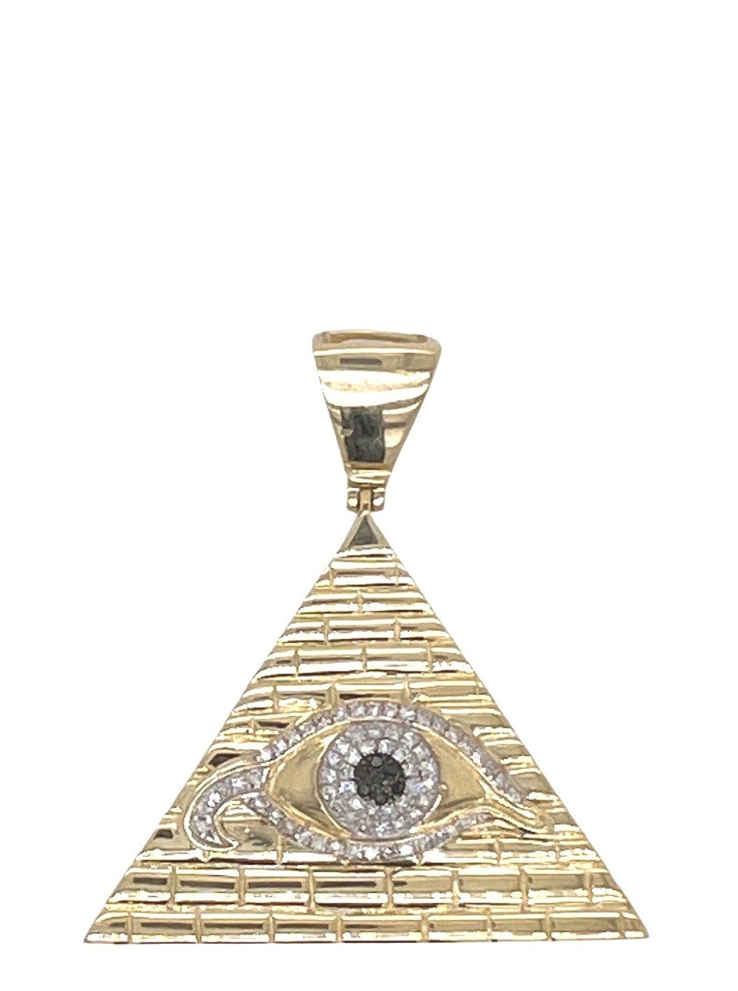 10K Yellow Gold Egyptian Pyramid with Evil Eye Diamond Pendant 0.35 CT 1.75"