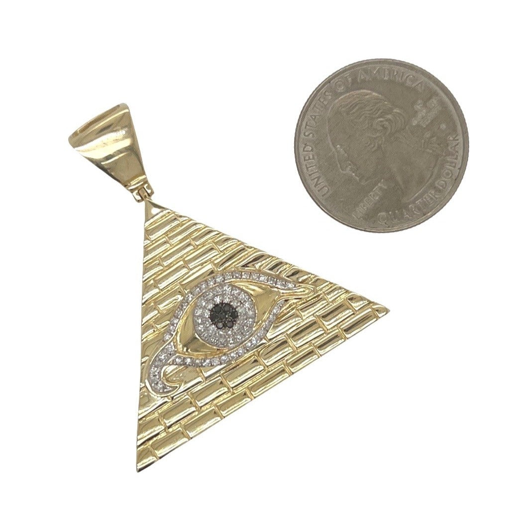 10K Yellow Gold Egyptian Pyramid with Evil Eye Diamond Pendant 0.35 CT 1.75"
