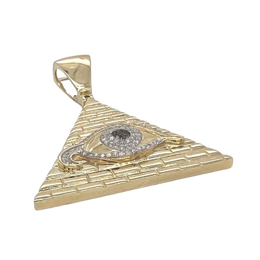 10K Yellow Gold Egyptian Pyramid with Evil Eye Diamond Pendant 0.35 CT 1.75"
