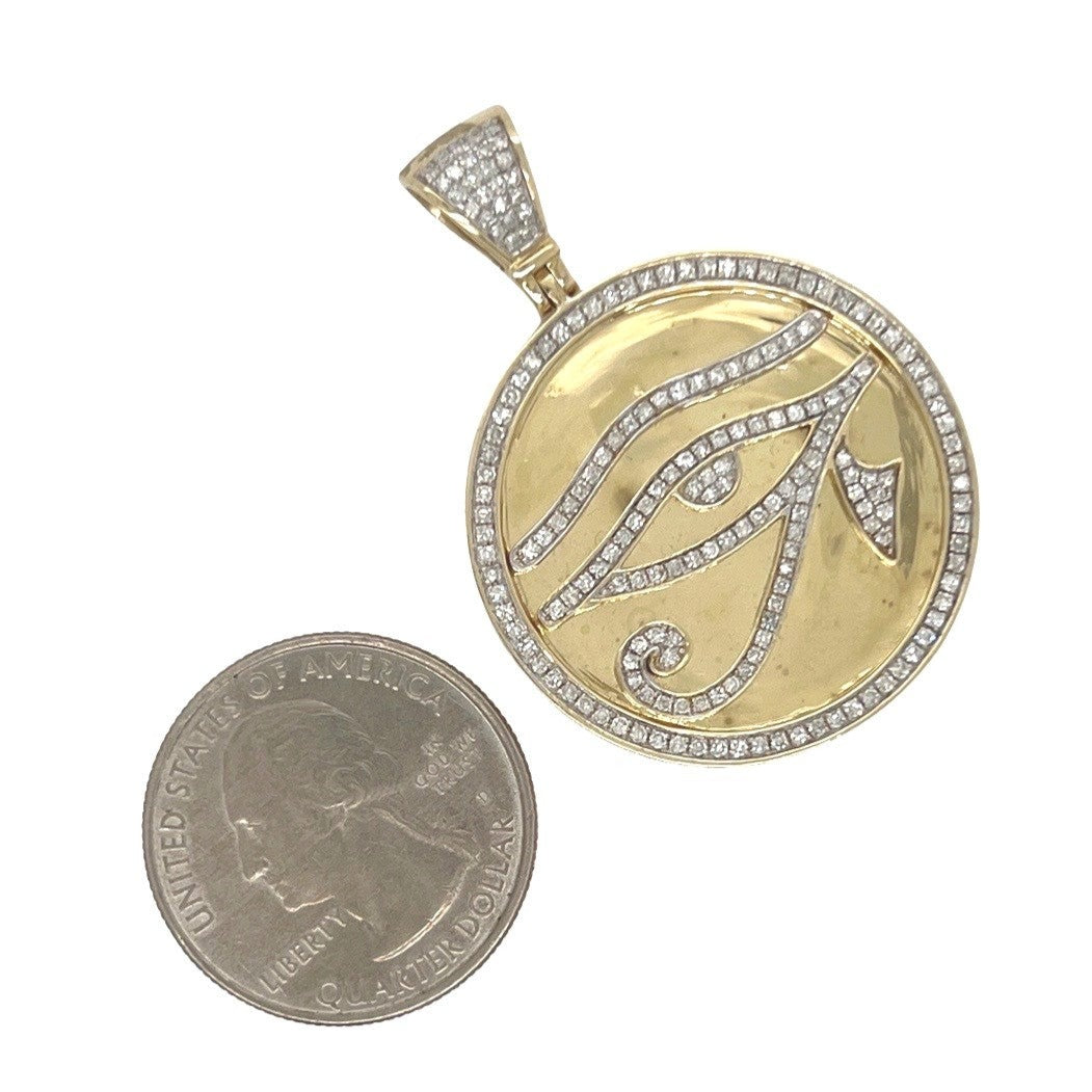 10K Yellow Gold Eye of RA Medallion Diamond Pendant 0.90 CT 1.7"