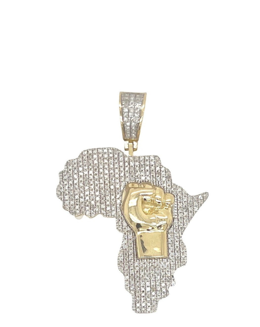 10K Yellow Gold Africa Map with Fist Diamond Pendant 1.10 CT 1.8"