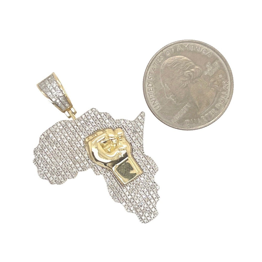 10K Yellow Gold Africa Map with Fist Diamond Pendant 1.10 CT 1.8"